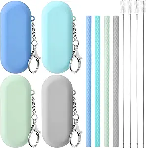 Meanplan 4 Sets Cruise Ship Essentials,4 Set Silicone Straws with Case Reusable Silicone Portable Drinking Straw Set for Party Travel Cold or Hot with 4 Carry Case, 4 Cleaning Brushes (Fresh Color)