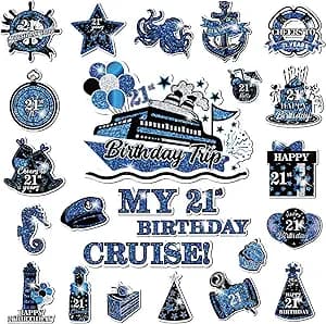 21st Birthday Cruise Door Magnets Decorations, Blue Black Silver Happy 21st Birthday Cruise Ship Door Decor Magnetic for 21st Men Women Anniversary Party Supplies Door Refrigerator Fridge Car Kitchen