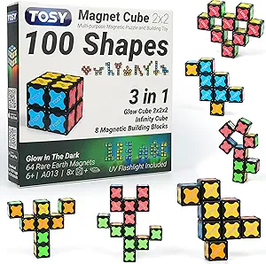 TOSY Magnet Cube 2x2 - 8 Blocks, 2in1 Toy: 2x2x2 Puzzle Cube and Customizable Infinity Cube, Easter Basket Stuffers Gifts for Kids/Grandkids, Glowing with UV Flashlight, Sensory/STEM Toy