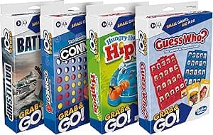 Hasbro Grab and Go! Bundle (4 Pack), Kids Travel Board Games, Battleship, Connect 4, Guess Who?, Hungry Hungry Hippos Games, 2 Players, Easter Gift for Kids, Ages 7+
